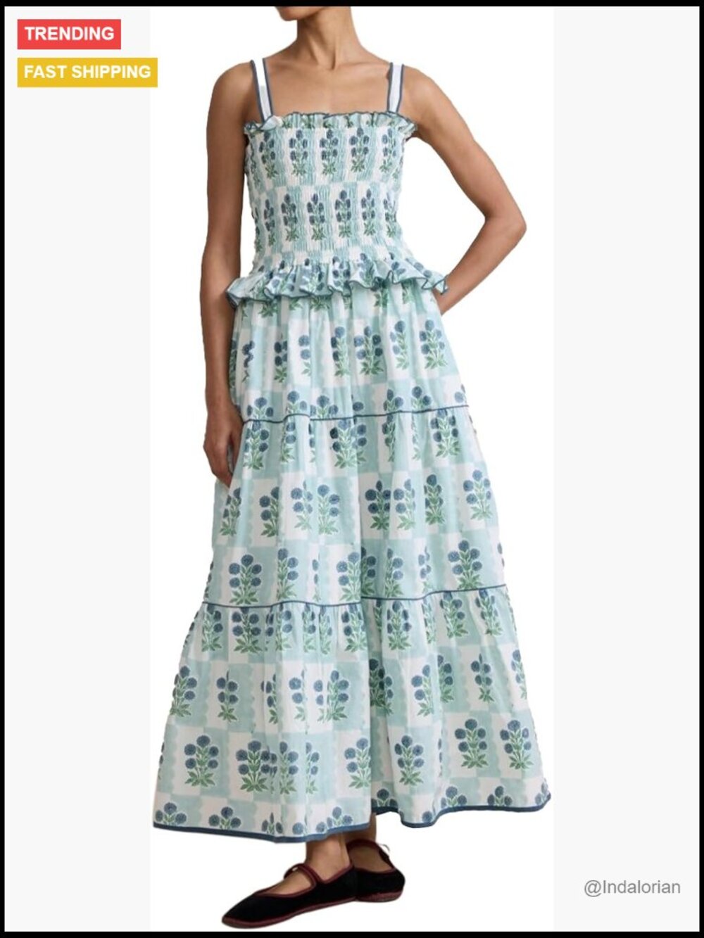 Smocked Floral Maxi Dress Sleeveless Ruffle Boho Sundress with Pockets Summer